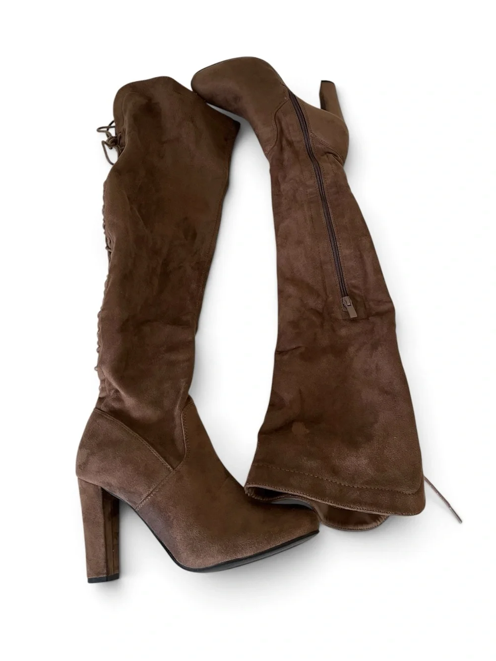 Women’s Suede Thigh High Boots Color Brown Size 9 Lace Tie